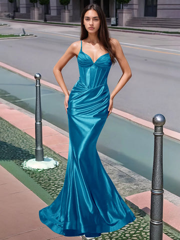 Pleated V-neck Boiced Mermaid Long Prom Dress