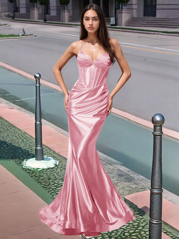 Pleated V-neck Boiced Mermaid Long Prom Dress