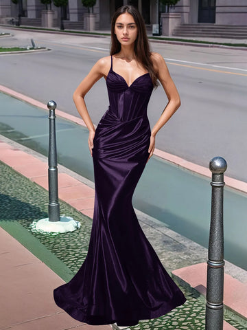 Pleated V-neck Boiced Mermaid Long Prom Dress