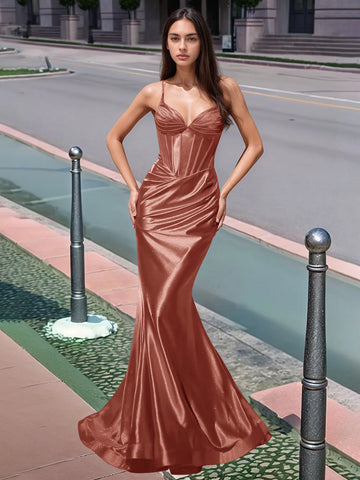 Pleated V-neck Boiced Mermaid Long Prom Dress