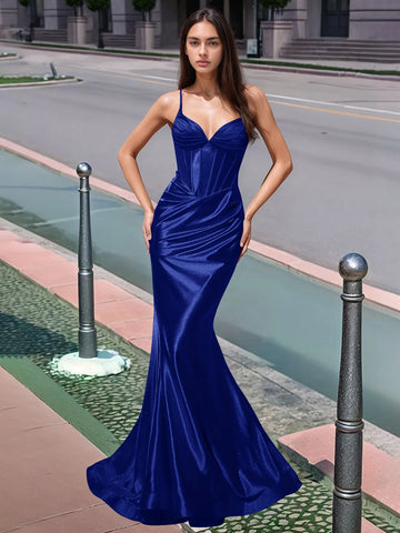 Pleated V-neck Boiced Mermaid Long Prom Dress