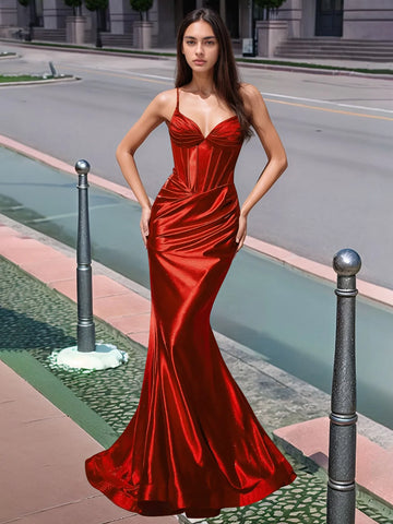Pleated V-neck Boiced Mermaid Long Prom Dress