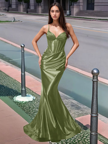 Pleated V-neck Boiced Mermaid Long Prom Dress