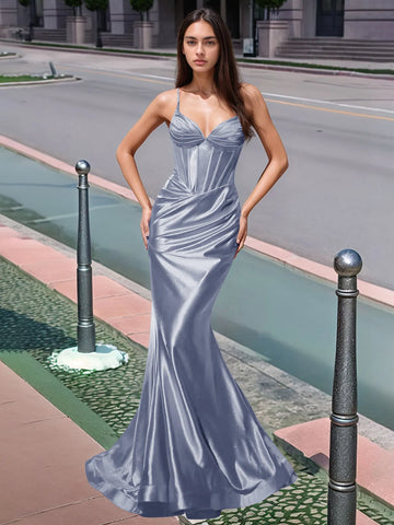 Pleated V-neck Boiced Mermaid Long Prom Dress