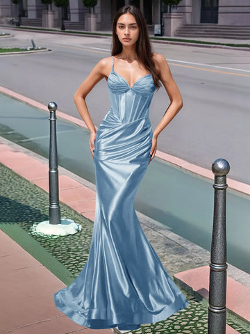 Pleated V-neck Boiced Mermaid Long Prom Dress