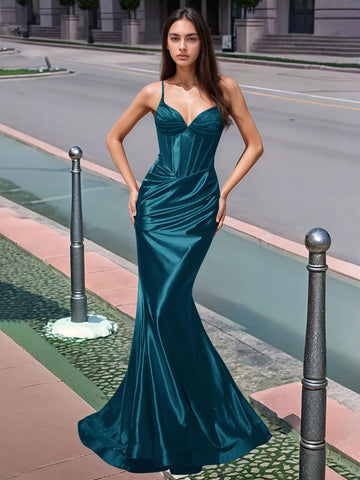 Pleated V-neck Boiced Mermaid Long Prom Dress