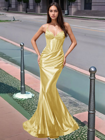 Pleated V-neck Boiced Mermaid Long Prom Dress