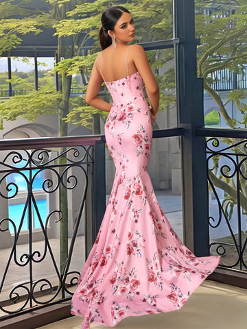 Bodice Printing Spaghetti Strap Sexy Mermaid Prom Dress