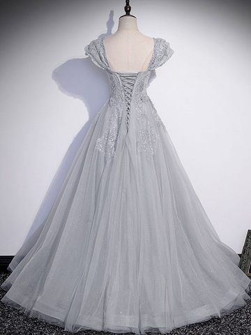 A-Line Gray Tulle Sequin Long Prom Dress Gray Formal Evening Dress Y4733