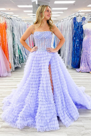 A Line Spaghetti Straps Tulle Tiered Long Corset Prom Dress