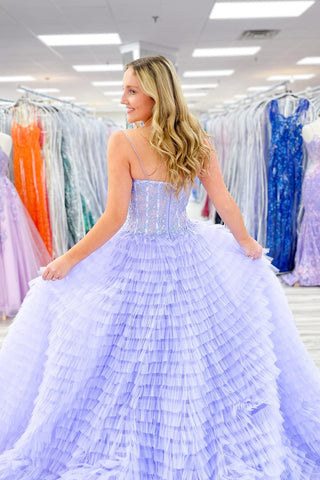 A Line Spaghetti Straps Tulle Tiered Long Corset Prom Dress