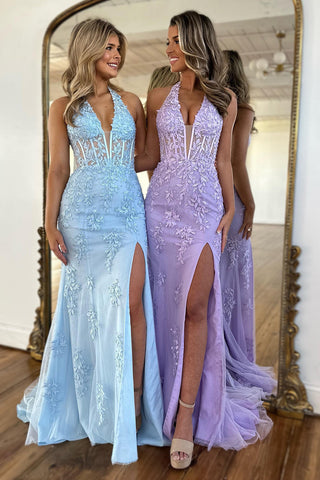 Halter Neck Mermaid Tulle Long Corset Prom Dress with Appliques