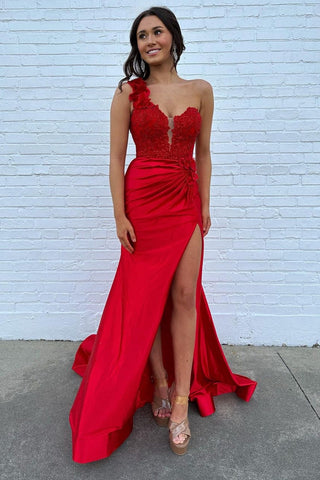 One Shoulder Mermaid Ruched Long Corset Prom Dress with Appliques