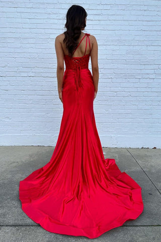 One Shoulder Mermaid Ruched Long Corset Prom Dress with Appliques