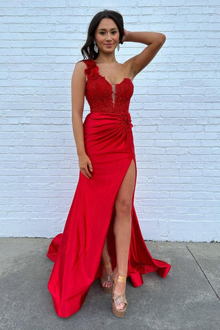 One Shoulder Mermaid Ruched Long Corset Prom Dress with Appliques