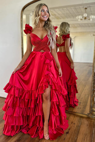 V-neck A-Line Satin Tiered Long Prom Dress with Ruffles