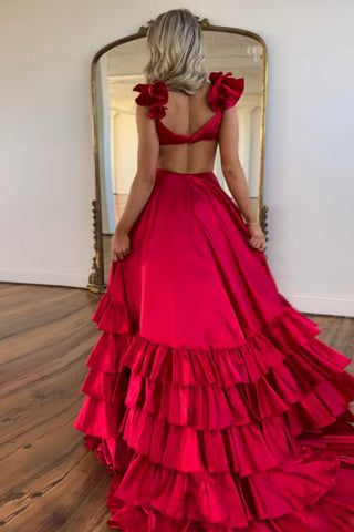 V-neck A-Line Satin Tiered Long Prom Dress with Ruffles