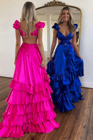 V-neck A-Line Satin Tiered Long Prom Dress with Ruffles