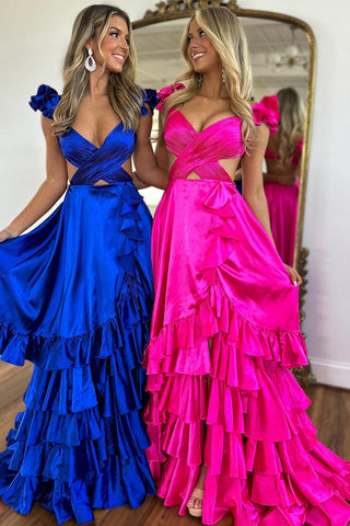 V-neck A-Line Satin Tiered Long Prom Dress with Ruffles