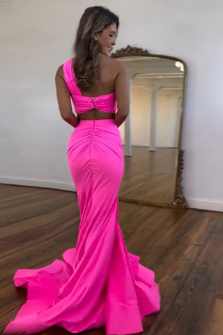 One Shoulder Mermaid Ruched Two Pieces Long Prom Dress