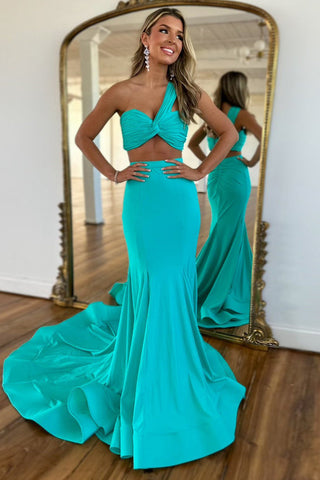 One Shoulder Mermaid Ruched Two Pieces Long Prom Dress