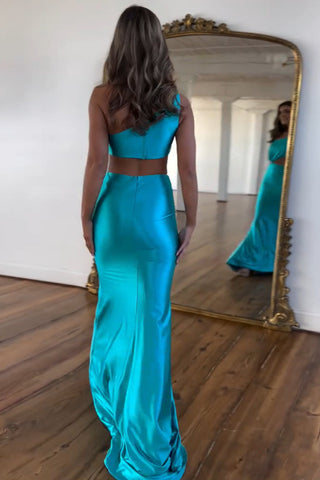 Turquoise One Shoulder Mermaid Satin Cut-out Long Prom Dress