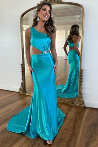 Turquoise One Shoulder Mermaid Satin Cut-out Long Prom Dress