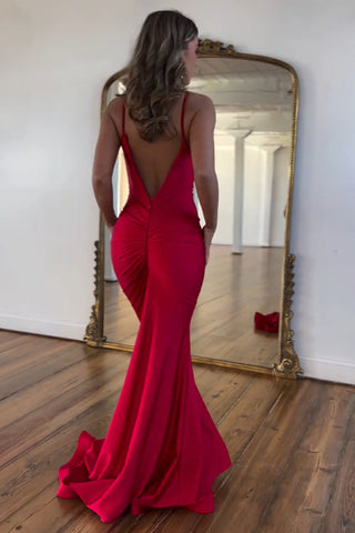 Spaghetti Straps Mermaid Satin Long Prom Dress with Open Back