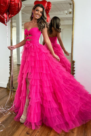 Fuchsia Sweetheart A-Line Tulle Tiered Long Prom Dress with Slit
