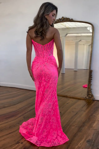 Strapless Mermaid Lace Long Corset Prom Dress with Slit