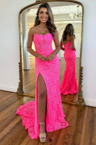 Strapless Mermaid Lace Long Corset Prom Dress with Slit