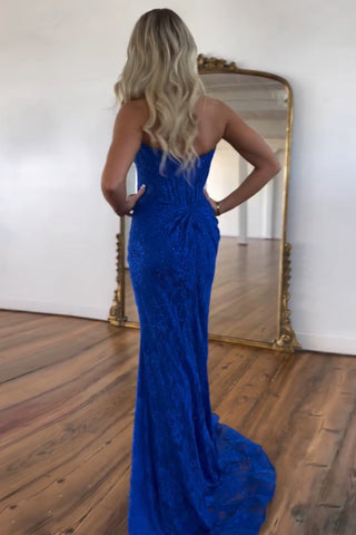 Strapless Mermaid Lace Long Corset Prom Dress with Slit