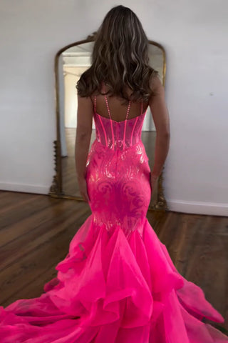 Sparkly Spaghetti Straps Sequins Mermaid Long Corset Prom Dress