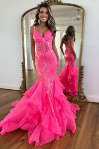 Sparkly Spaghetti Straps Sequins Mermaid Long Corset Prom Dress