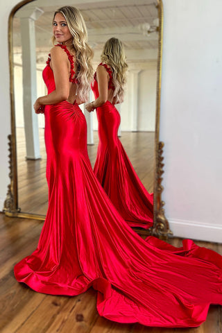 Spaghetti Straps Mermaid Satin Long Prom Dress with Slit