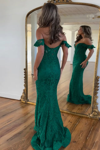 Glitter Off the Shoulder Mermaid Lace Long Corset Prom Dress