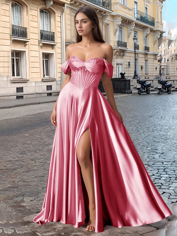 Off Shoulder Crystal Split Long Prom Dress With Pocket
