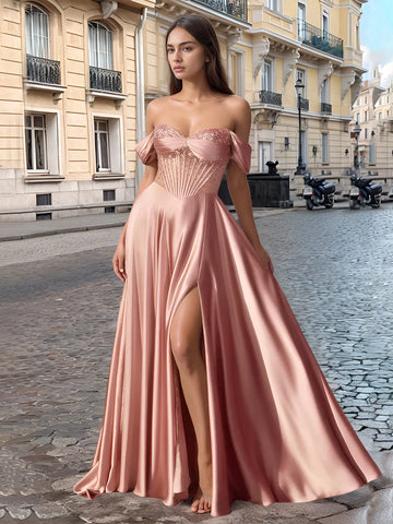 Off Shoulder Crystal Split Long Prom Dress With Pocket