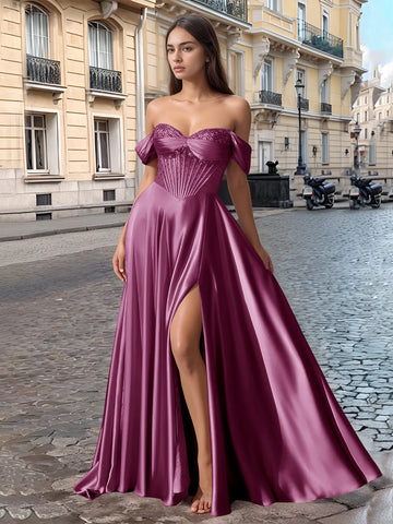 Off Shoulder Crystal Split Long Prom Dress With Pocket