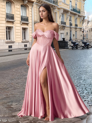 Off Shoulder Crystal Split Long Prom Dress With Pocket