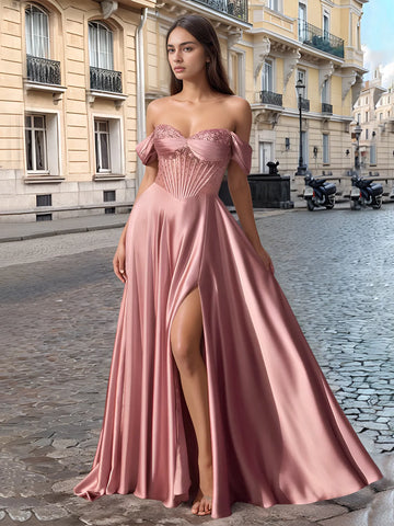 Off Shoulder Crystal Split Long Prom Dress With Pocket