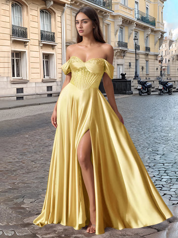 Off Shoulder Crystal Split Long Prom Dress With Pocket