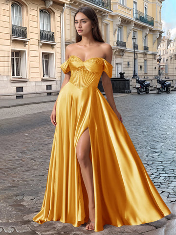 Off Shoulder Crystal Split Long Prom Dress With Pocket