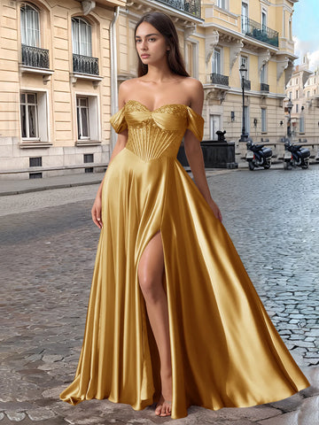 Off Shoulder Crystal Split Long Prom Dress With Pocket