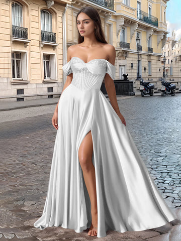 Off Shoulder Crystal Split Long Prom Dress With Pocket