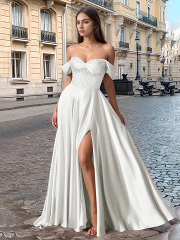 Off Shoulder Crystal Split Long Prom Dress With Pocket