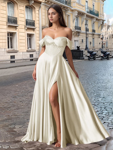 Off Shoulder Crystal Split Long Prom Dress With Pocket