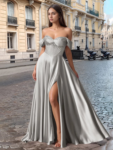 Off Shoulder Crystal Split Long Prom Dress With Pocket