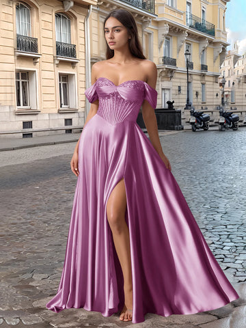 Off Shoulder Crystal Split Long Prom Dress With Pocket