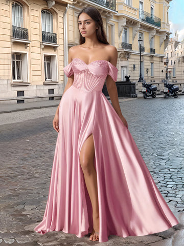 Off Shoulder Crystal Split Long Prom Dress With Pocket